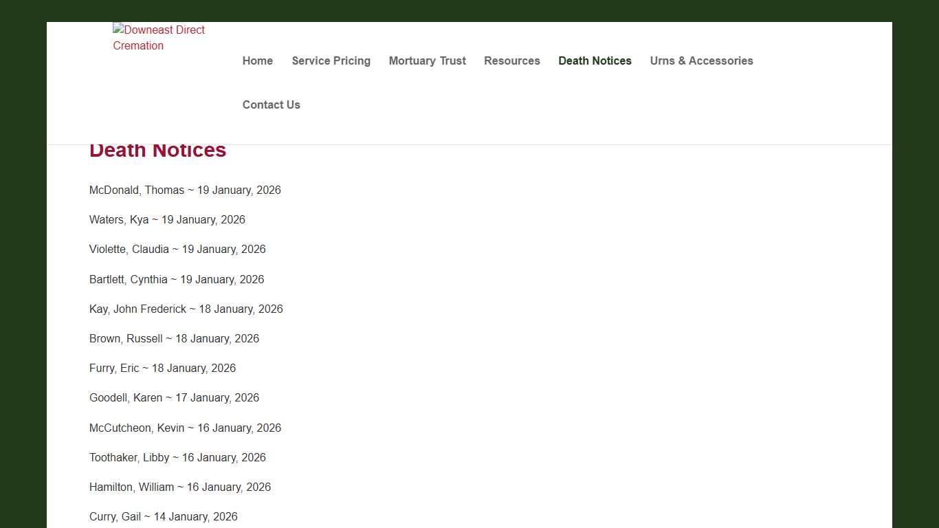 Death Notices Downeast Direct Cremation